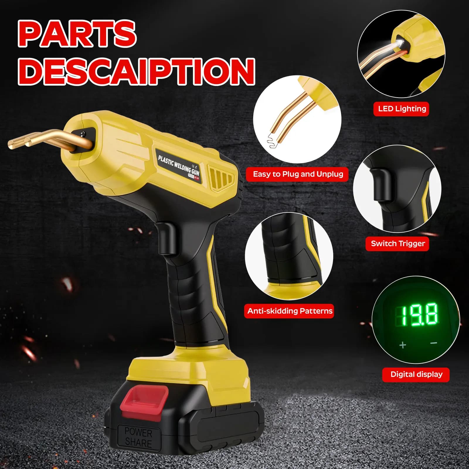 Kit base di torcia per saldatura in plastica senza fili, punti metallici da 400 pezzi, riscaldamento rapido 3 secondi, compatibile con DeWalt (base di ricarica opzionale)