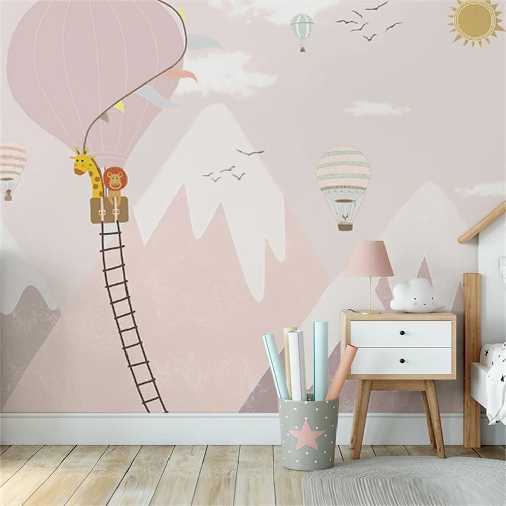 Carta da Parati 3D Personalizzata con Mongolfiere Rosa, Stile Nordico per Camere da Letto di Ragazze, Decorazione per Camere dei Bambini e Asili