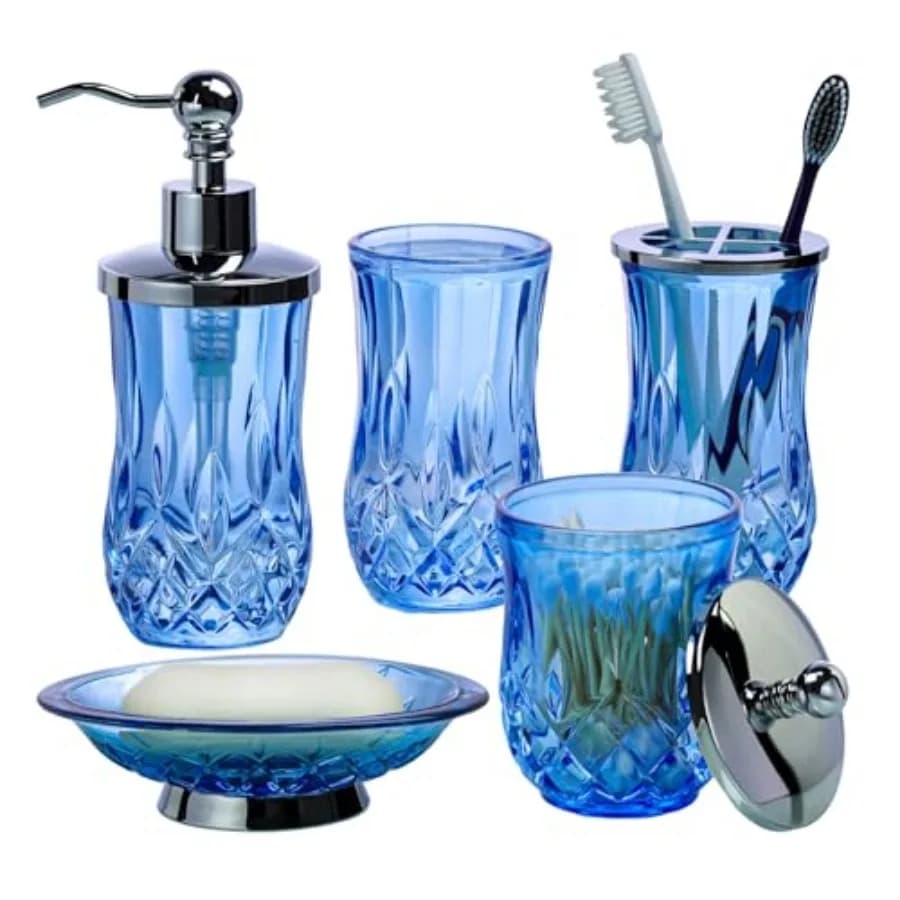 Set di Accessori per il Bagno, 5 Pezzi in Vetro Blu, Include Dispenser per Sapone Liquido, Portaspazzolini, Portasapone