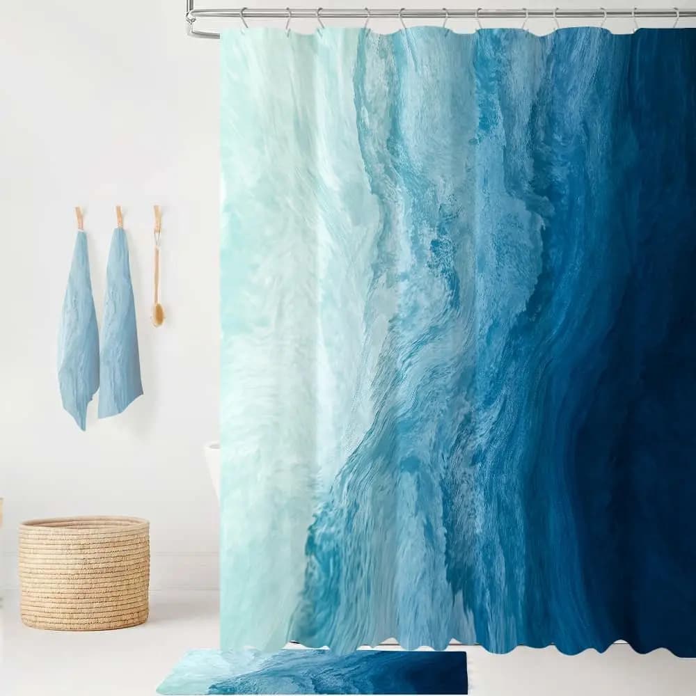 Tenda da doccia Ocean Beach, tenda da bagno con ganci, motivo ombreggiato blu mare, coste e onde, paesaggio naturale, elegante e moderno, decorazione per il bagno