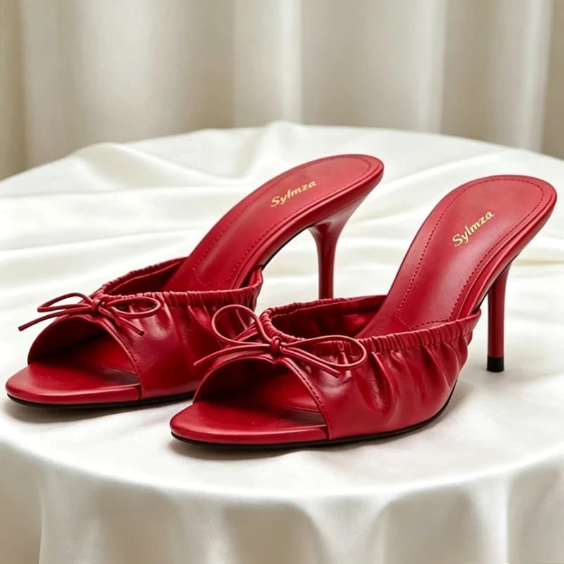 Bow Detail Women's High-Heeled Sandals Summer Sexy Pointed-Toe Pleated Stiletto Slippers Luxury Designer Shoe Sandalias De Mujer