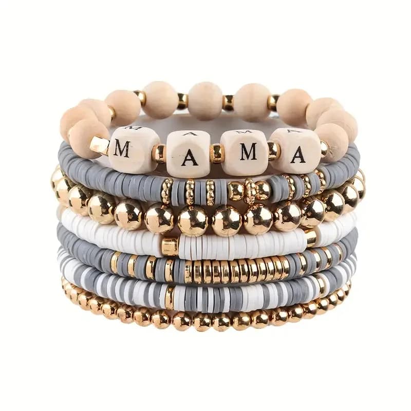 Set di braccialetti con lettera Bohemian MAMA da donna, argilla morbida, perline di legno, elasticizzati, impilabili, gioielli colorati estivi da spiaggia ​ Regalo per la mamma ​