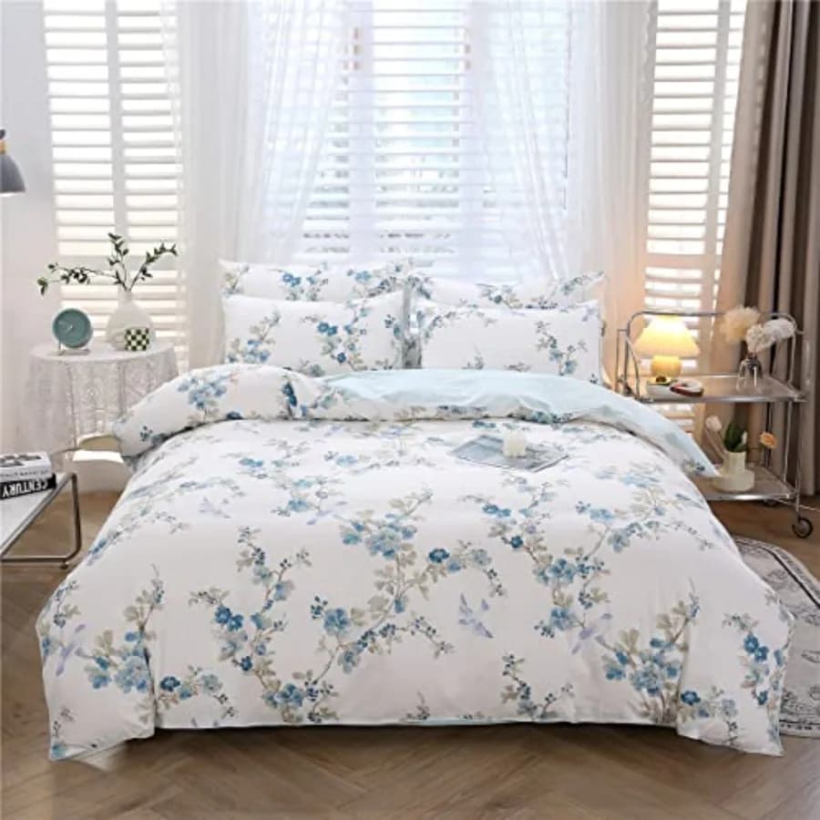 Set Copripiumino Queen Size 100% Cotone 3 Pezzi con Chiusura a Bottoni, Motivo Uccelli su Sfondo Bianco