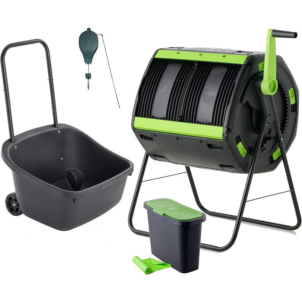 Esclusivo Amazon Combo - Bicchiere per compost da 48 galloni con carrello per compost, contenitore per compost da 9 litri, 3 rotoli di sacchetti di mais e contenitore per piante