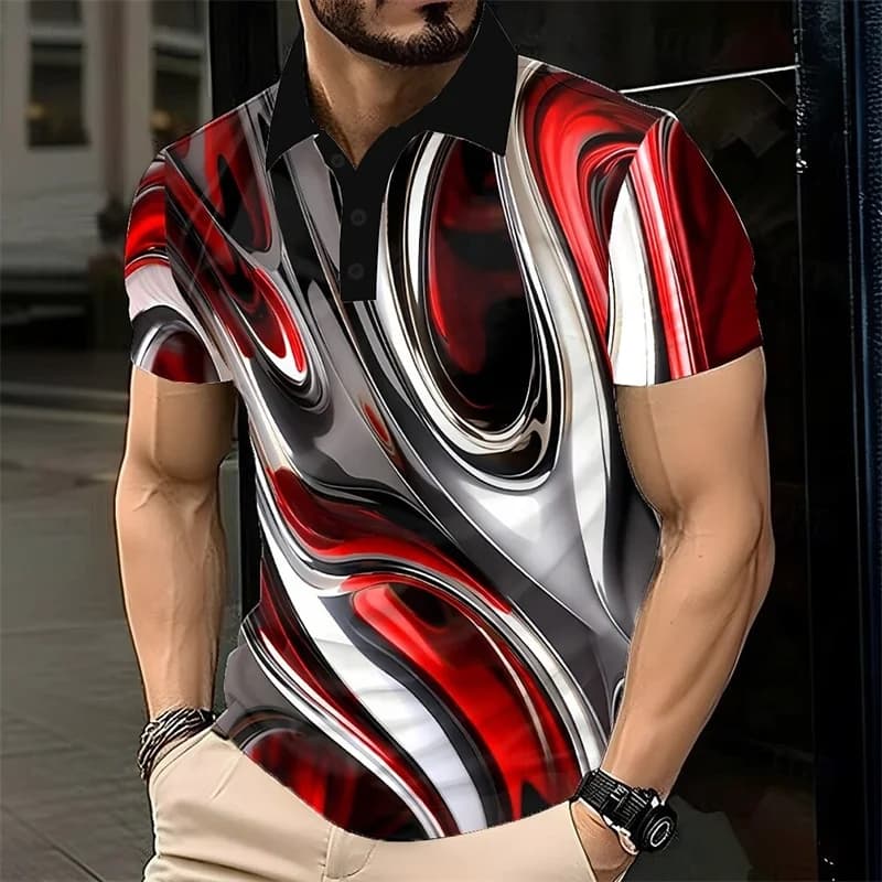 Polo da uomo Polo con motivo illusione visiva a colori stampata in 3D Polo estiva con colletto a maniche corte
