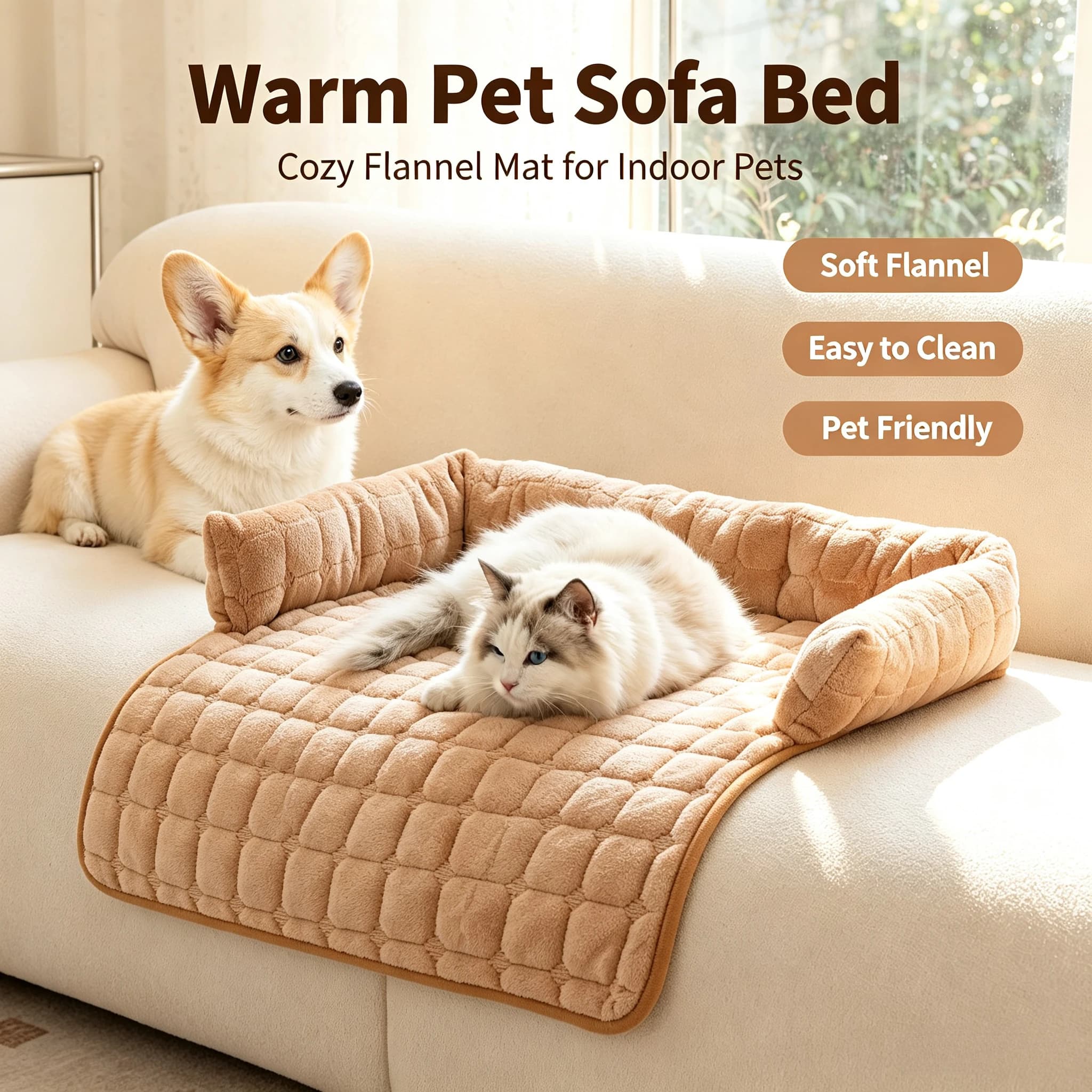 Thickened Winter Warm Flannel Dog Sofa Bed Soft Plush Non-Slip Mat Couch Cover with Neck Pillow for Medium Large Indoor Dogs Cat