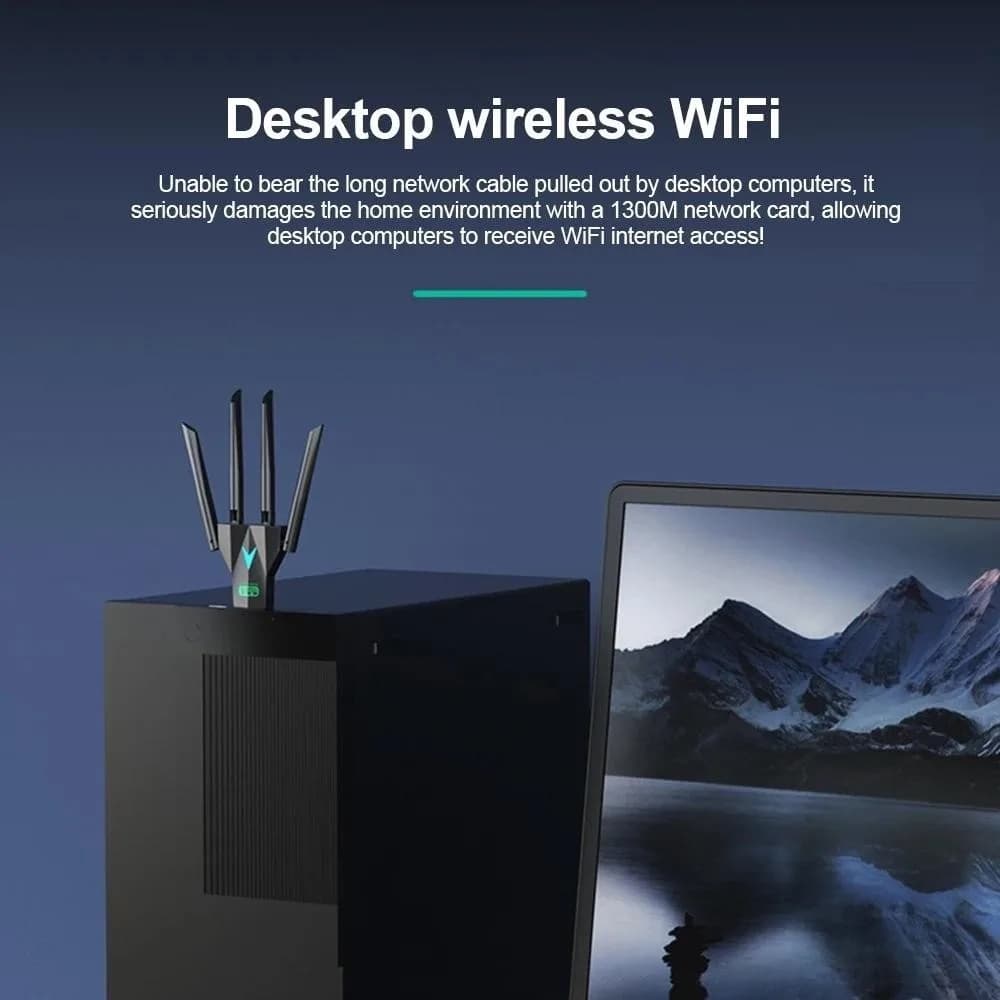 Adattatore WiFi USB Dual Band con 4 Antenne, Interfaccia USB, Dual Band 2.4G/5Ghz 1300Mbps, Dongle WiFi Potente