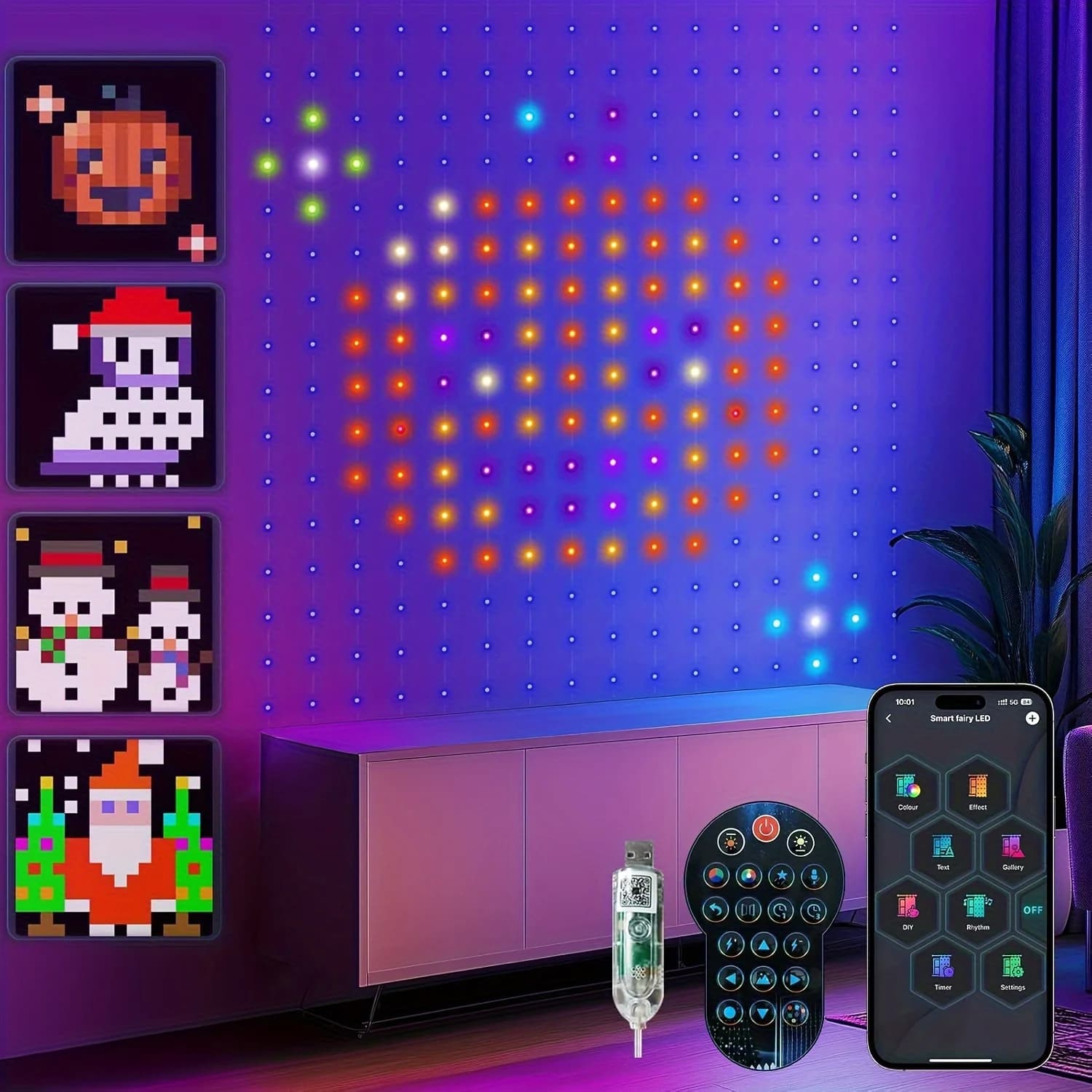 Luci per tende intelligenti USB, 63 pollici x 63 pollici (1,6 m x 1,6 m) 256 LED APP Luci per finestre che cambiano colore programmabili, sincronizzazione musicale, fai da te