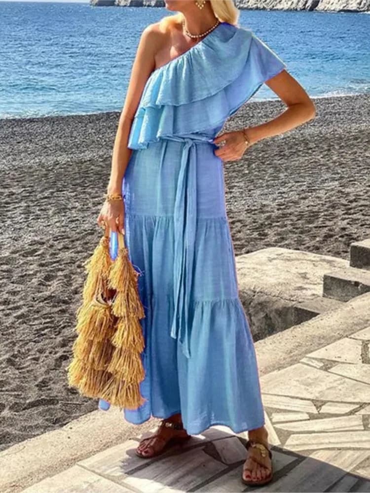 Nuovo Abito Lungo Primaverile da Donna, Moda Tinta Unita, Sexy con Spalla Asimmetrica, Colletto a Foglia di Loto, Cintura in Cotone e Canapa
