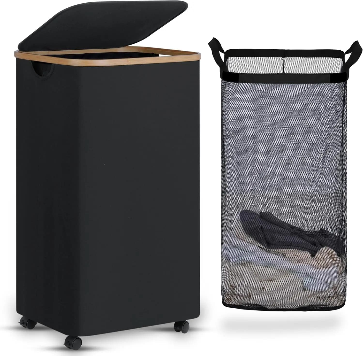 Tall Rolling Laundry Hamper with Lid and Removable Bag, 100L Black, Aesthetic Design for Laundry Room, Bedroom, Dorm, Bathroom