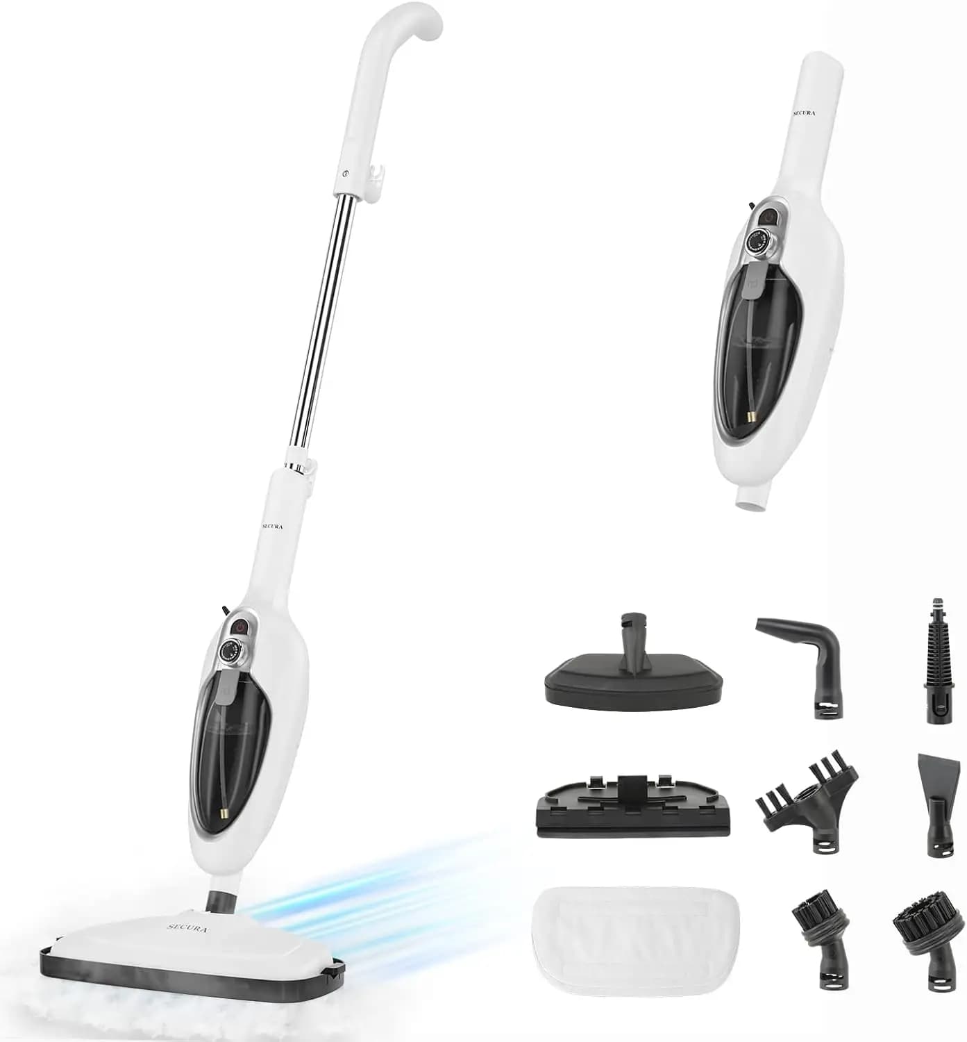 Scopa a Vapore 10-in-1 con 3 Panni, Pulitore ad Alta Temperatura per Parquet, Piastrelle e Tappeti