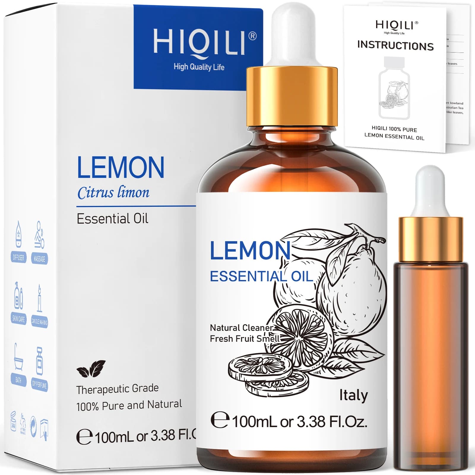 HIQILI oli essenziali al limone da 100ML per diffusore/umidificatore/massaggio/olio aromatico per aromaterapia per candele/produzione di sapone e cura dei capelli