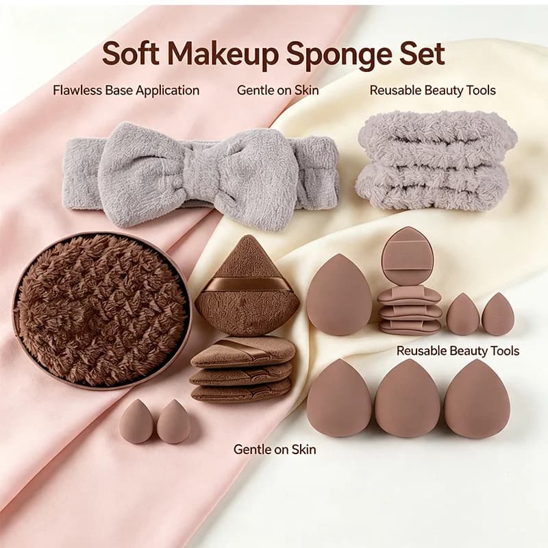 20Pcs Makeup Sponge Set Soft Beauty Blender Powder Puff Hair Bow Headband Multi‑Function Cosmetic Tools for Foundation Blending