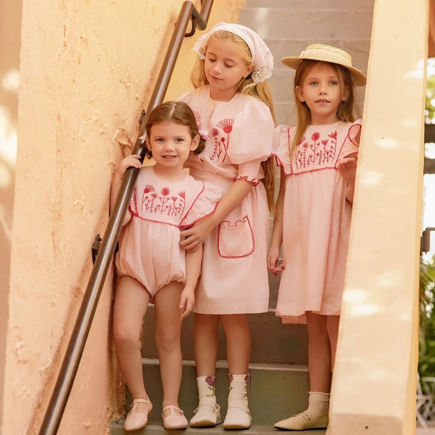 AP Venice Pink Collection SS26 Girls Floral Embroidery Flying Sleeves Dress Baby Cute Romper Linen Cotton Clothing Set