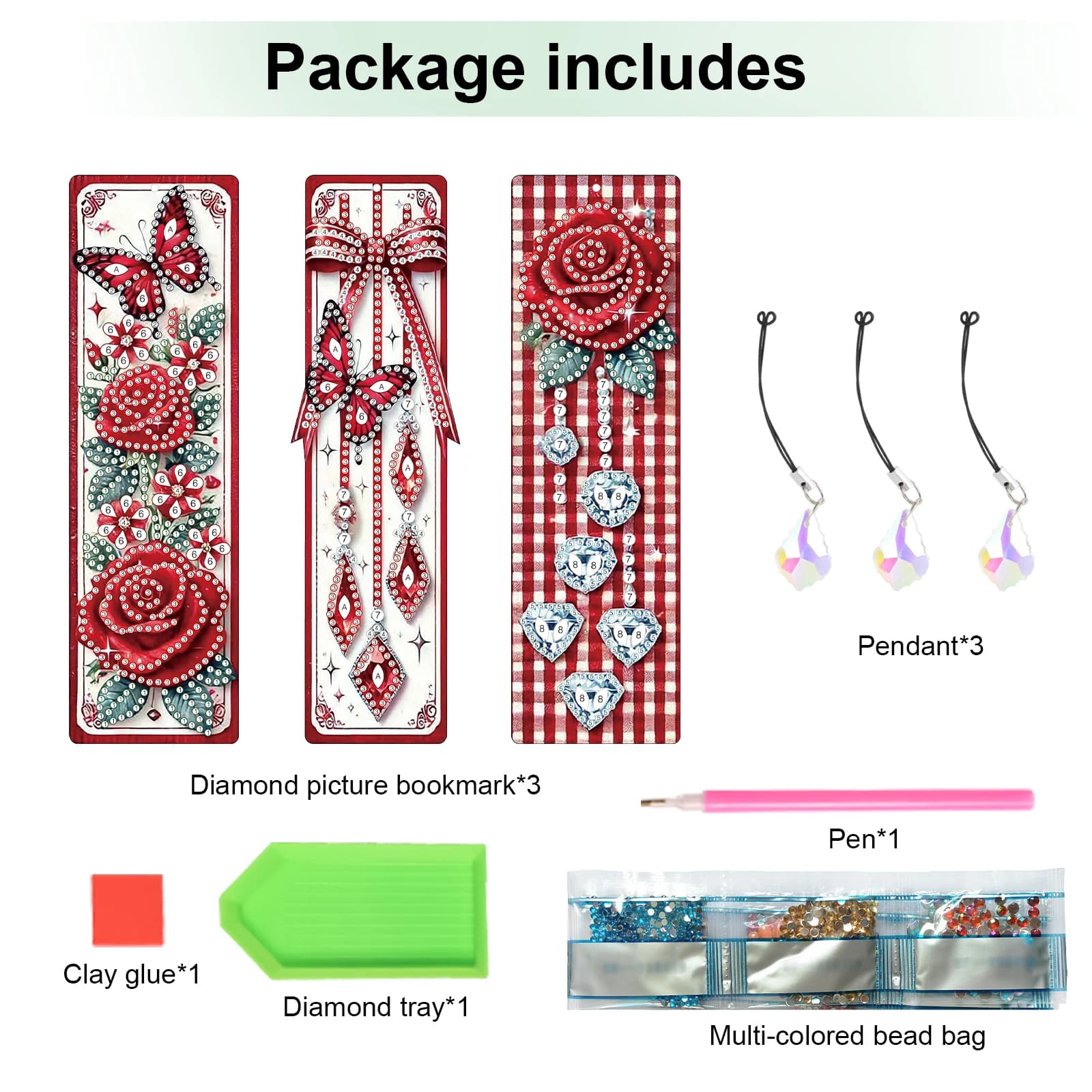 Kit segnalibro per pittura artistica con diamanti da 3 pezzi, segnalibro artistico con diamanti a forma speciale di fiori e animali con ciondolo con diamanti per regalo artigianale