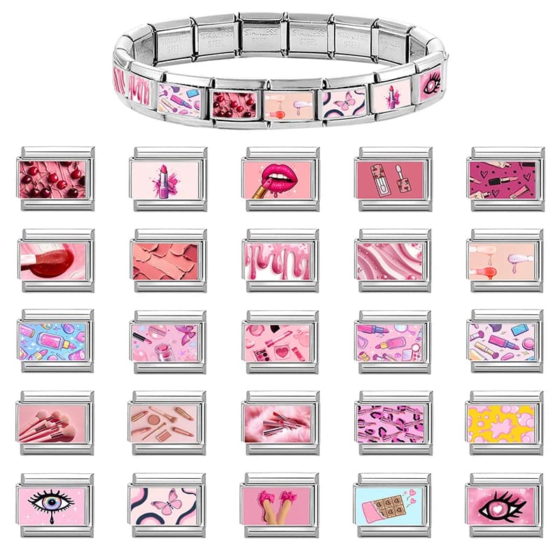 Nuovo Bracciale Donna Serie Rosa Fai da Te con Charm Italiani, Pennello Trucco, Rossetto, Occhi e Perline da 9mm - Gioielli in Acciaio Inossidabile, Regalo