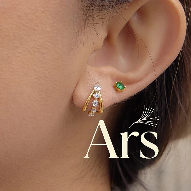 Ars Stainless Steel C-Shaped Earrings with Zircon Gold Plated Triple Hoop Earring for Women Non Tarnish Half Hoop Stud Earrings