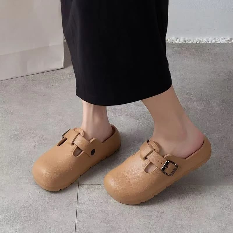 Women's Thick Bottom Slip-On Sandals Outdoor Wear Soft Sole Anti-Slip Casual Mules round Toe Flat Heel Pure Color PVC