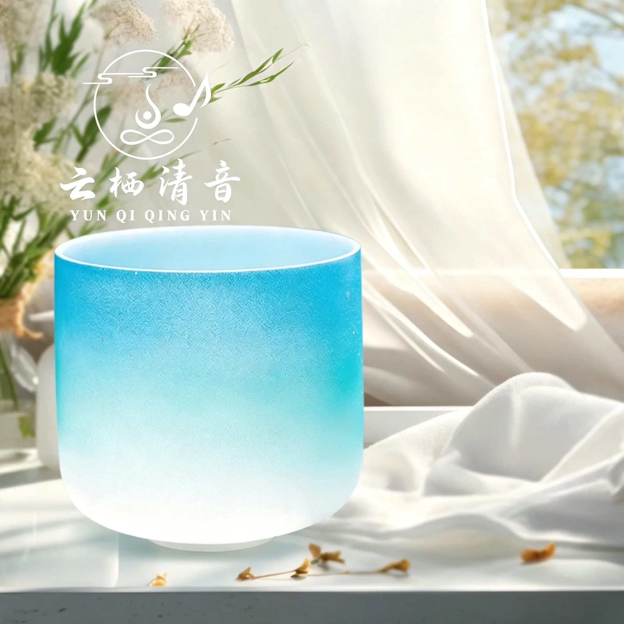 YUN QI QING YIN 7 Inches Frosted Blue Gradient Quartz Singing Bowl Spiritual Cleansing Anxiety Relief Suitable For Home Meditation Yoga Chakra Balancing Sound Healing