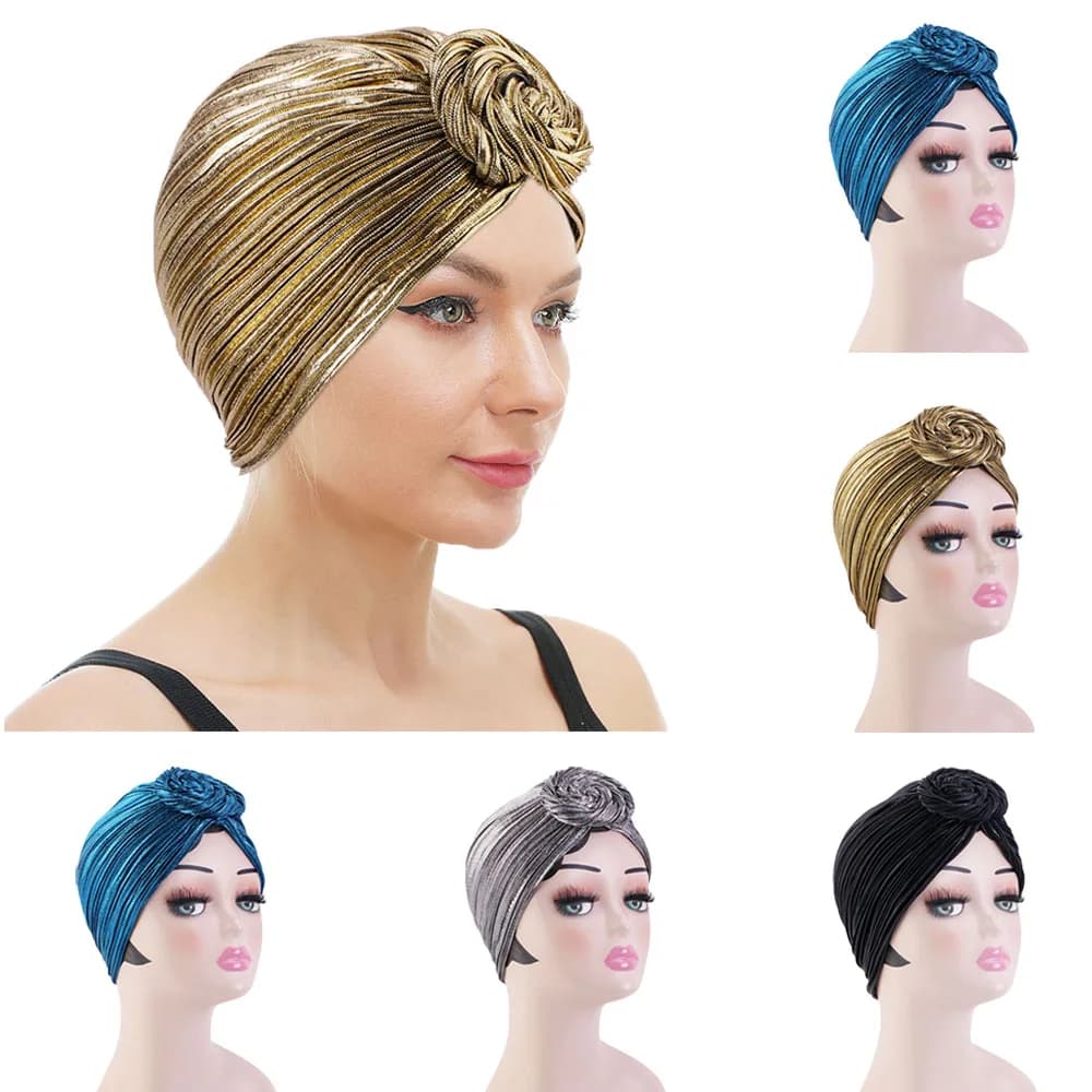 Muslim Women Shiny Knot Turban Indian Headscarf Beanies Pleated Chemo Cap Cancer Hat Bonnet Hijab Headwear Hair Loss Head Scarf