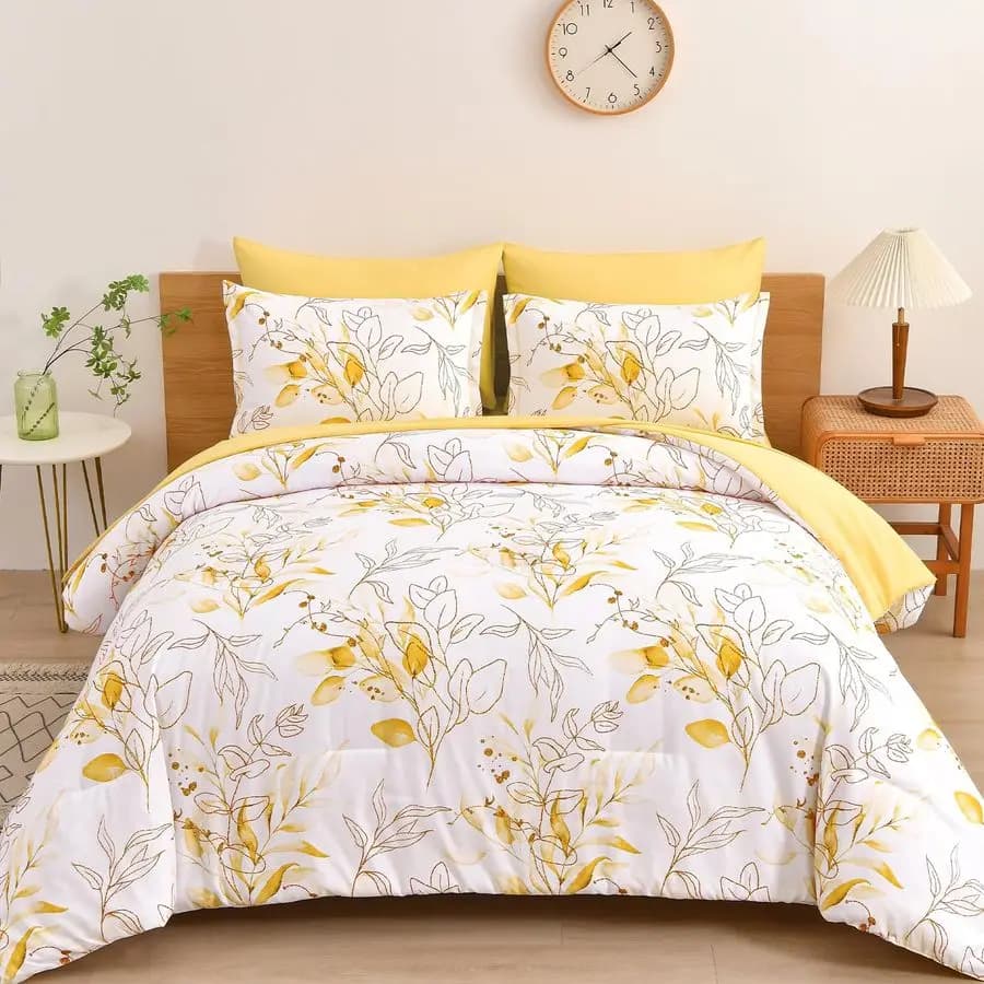 Set Botanical Cover Set Yellow Queen, 7 Pieces Floral Bed Set with Golden Leaves, Set Bed Linen in Soft Microfiber Queen1, Cover, 2