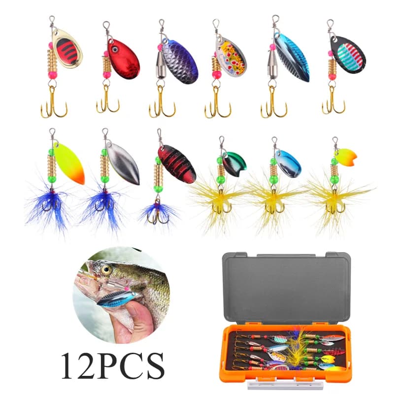 12 pezzi di metallo duro spinner esche esche per spigola trota salmone pesca con scatola di attrezzatura piuma gallo coda esche da pesca kit