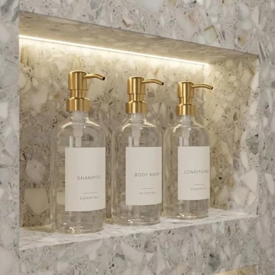 Set di 3 Eleganti Dispenser per Shampoo e Balsamo - Flaconi Moderni da 21oz per Sapone Doccia con Pompa ed Etichette - Facili da Ricaricare