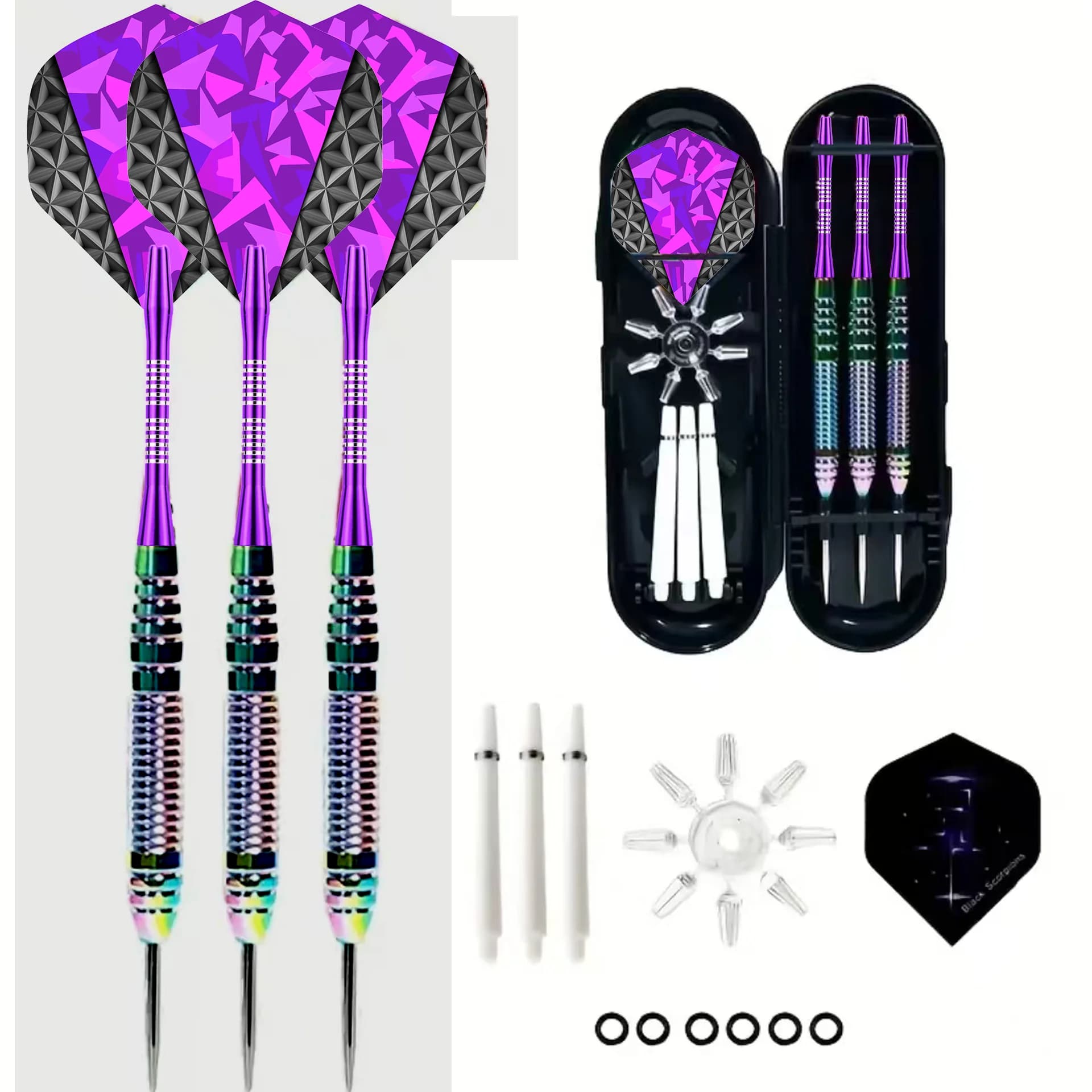 Set di freccette professionali da 22g con punta in acciaio, corpo arcobaleno e protezione per il gambo in nylon + 3 alette di ricambio extra