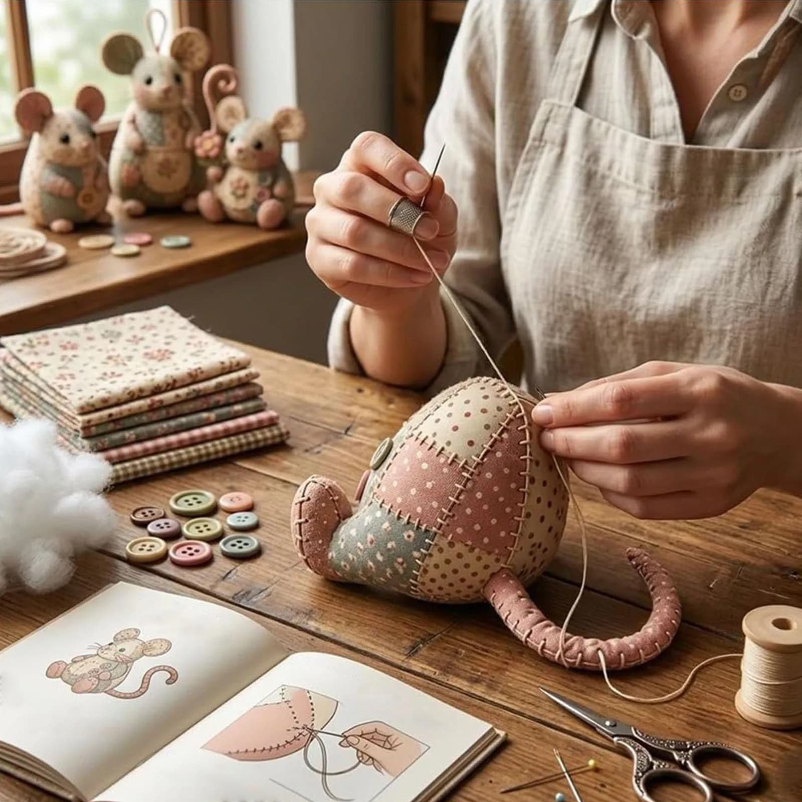 Handmade Mouse Beginner Sewing Kit with Pre-Cut Fabric & Supplies Patchwork Stuffed Animal Kit for Beginners Adults