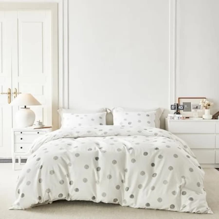 Copripiumino Grigio a Pois 100% Cotone Set 3 Pezzi 1 Copripiumino Moderno Bianco Geometrico con Chiusura a Cerniera e Lacci 2 Federe Neutre B