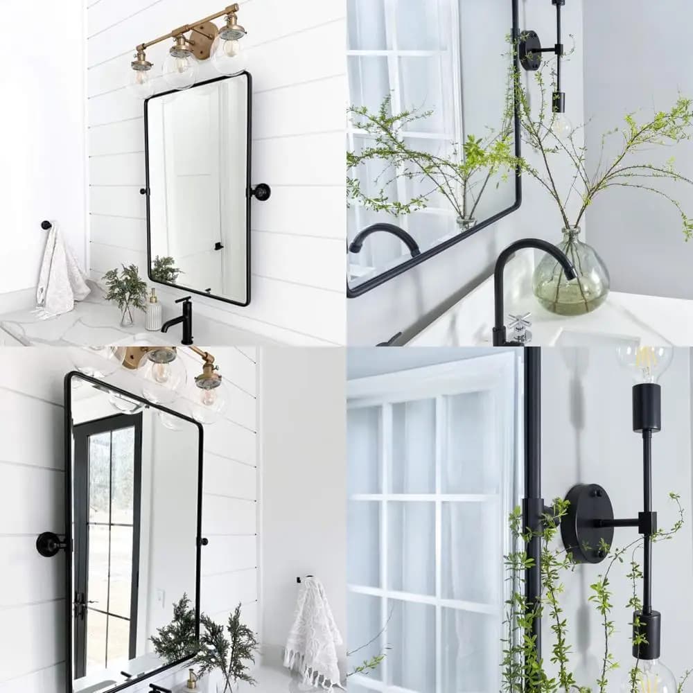 Specchio bifacciale rettangolare con bordi inclinabili e smussati per bagno, specchio cosmetico con cornice in metallo nero opaco con durata di lunga durata