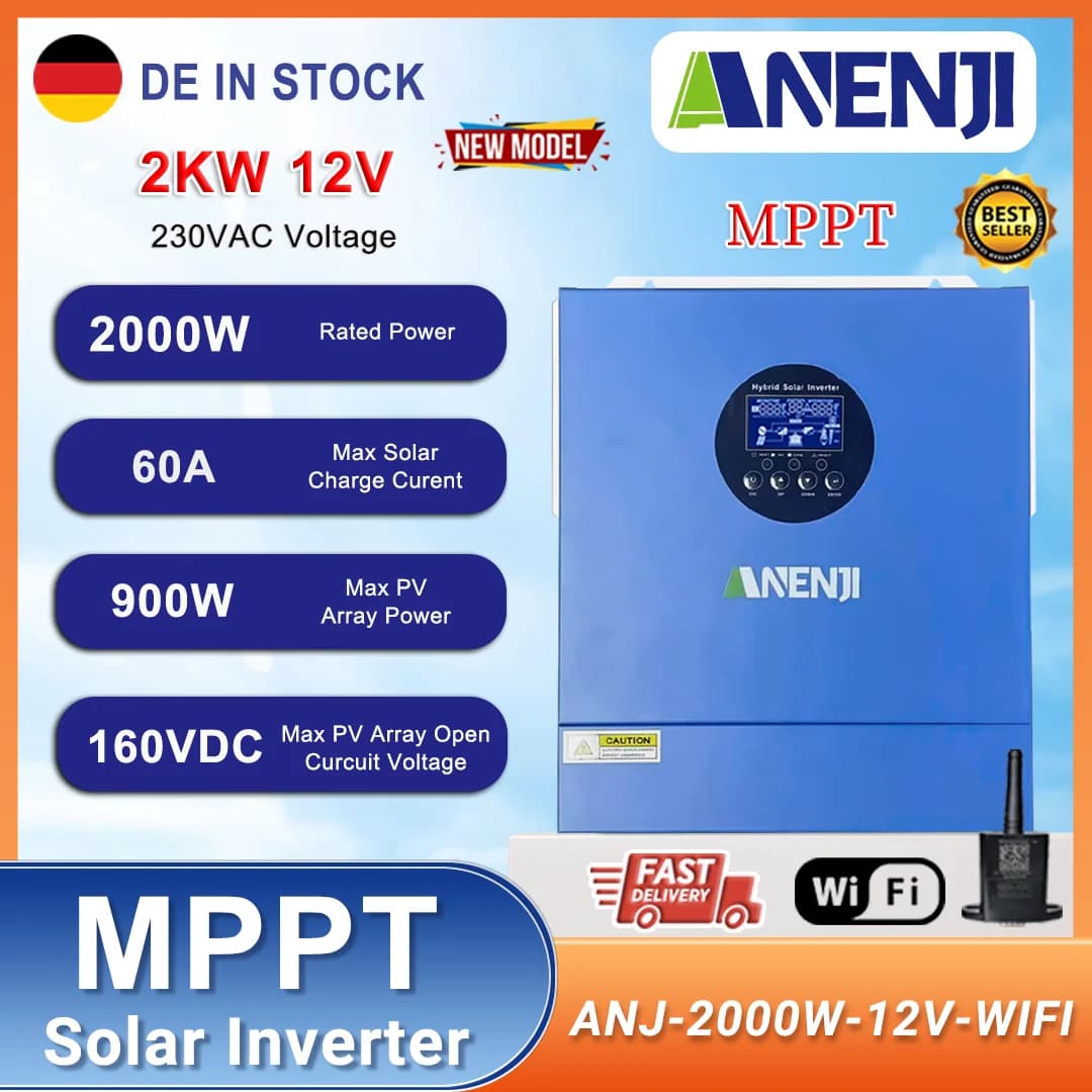 2KW 12V Inverter solare ibrido 230VAC Off-Grid Onda sinusoidale pura MPPT 60A Inversor fotovoltaico PV 30-160VDC Regolatore di carica solare