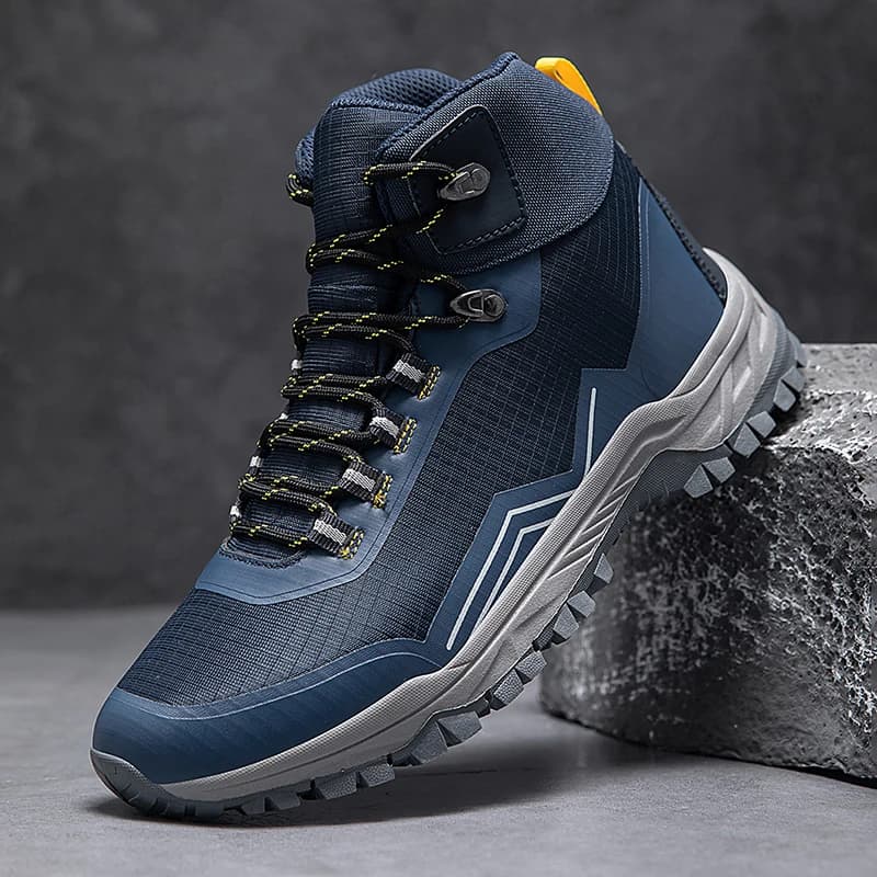 Men Navy High Top Hiking Boots Waterproof Woven Upper Grey Non Slip Lug Sole Outdoor Mountain Walking Climbing Boots