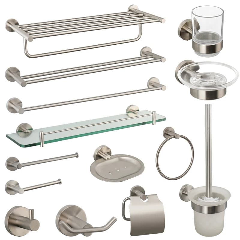 Nichel spazzolato accessori bagno portasciugamani bar ganci portasciugamani scaffalature rotolo carta porta igienica scopino sapone piatto di vetro scaffale WC hardware