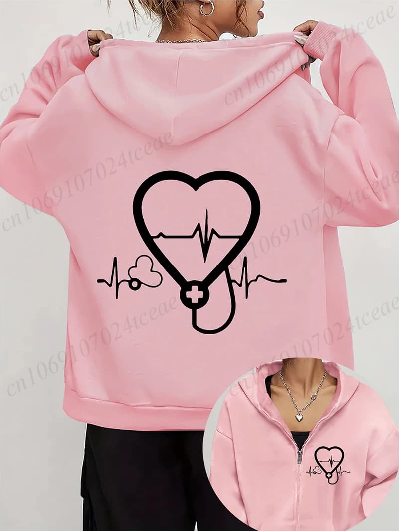 Felpe con cappuccio autunno inverno da donna Stetoscopio ECG cerniera stampata Giacche con cappuccio Felpa con tasca con cerniera per allattamento Capispalla per la vita dell'infermiera
