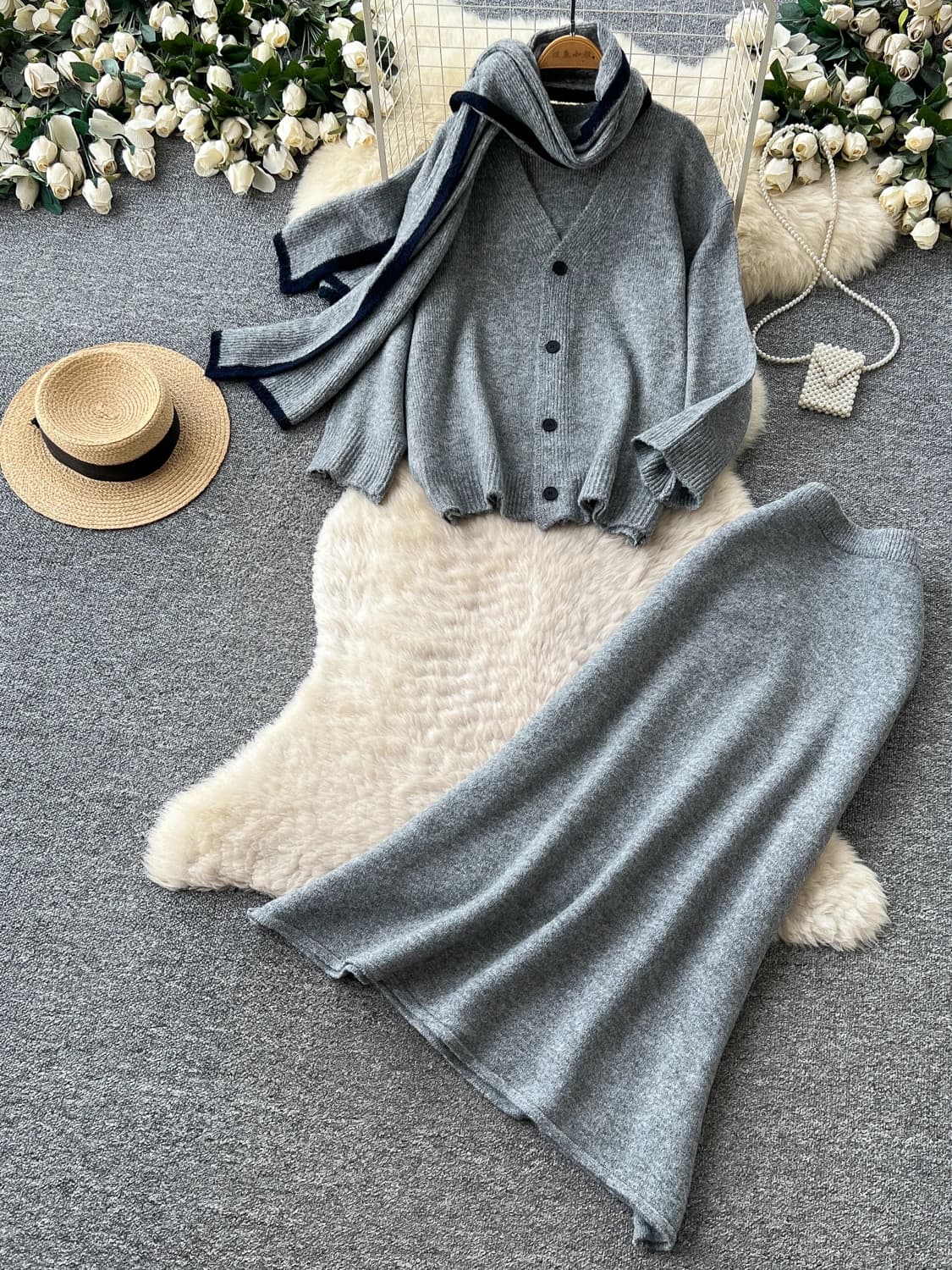 Elegant Knitted Three-Piece Set for Women High Waist Long Sleeve Commute Style Sweater Scarf Skirt Comfortable Autumn Wear