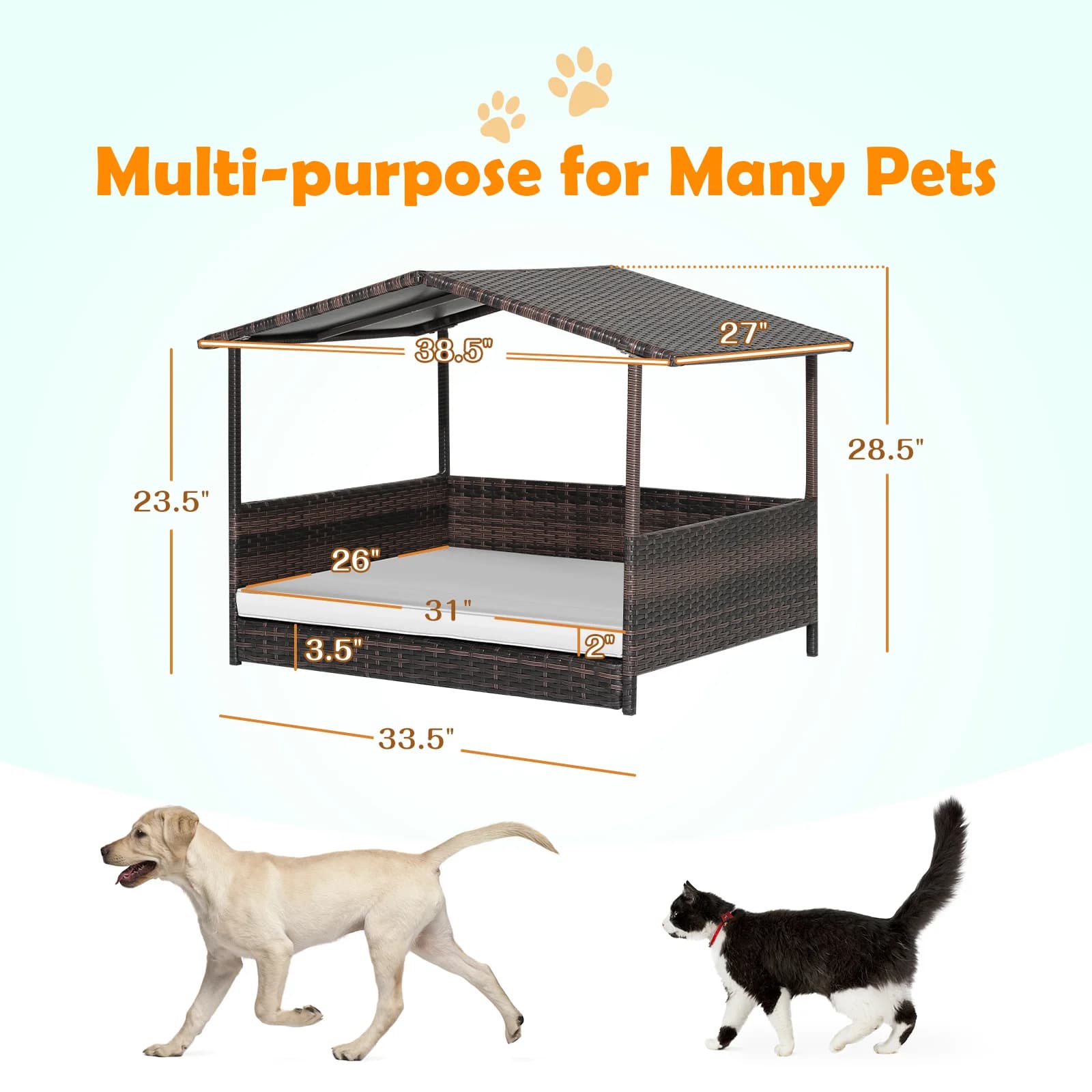 Cuccia per Cani in Vimini | Letto Rialzato in Rattan per Interni ed Esterni con Cuscino Rimovibile, Rivestimento Lavabile, Tetto Inclinato