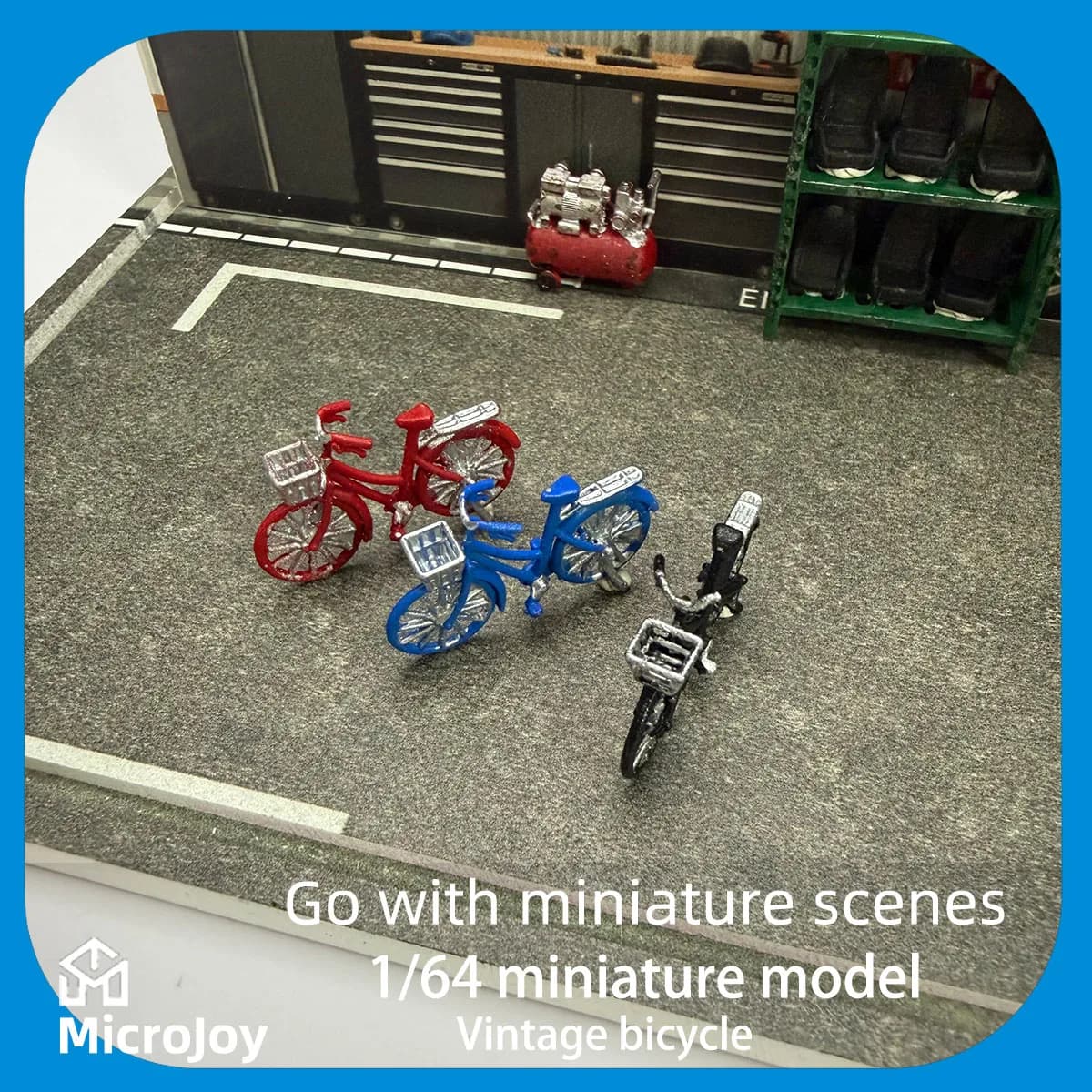 Detailed scene 1: 1:64 scale miniature model of a bicycle from a repair factory, modern street vintage bicycle, mini street decoration, vintage-style car model scene arrangement