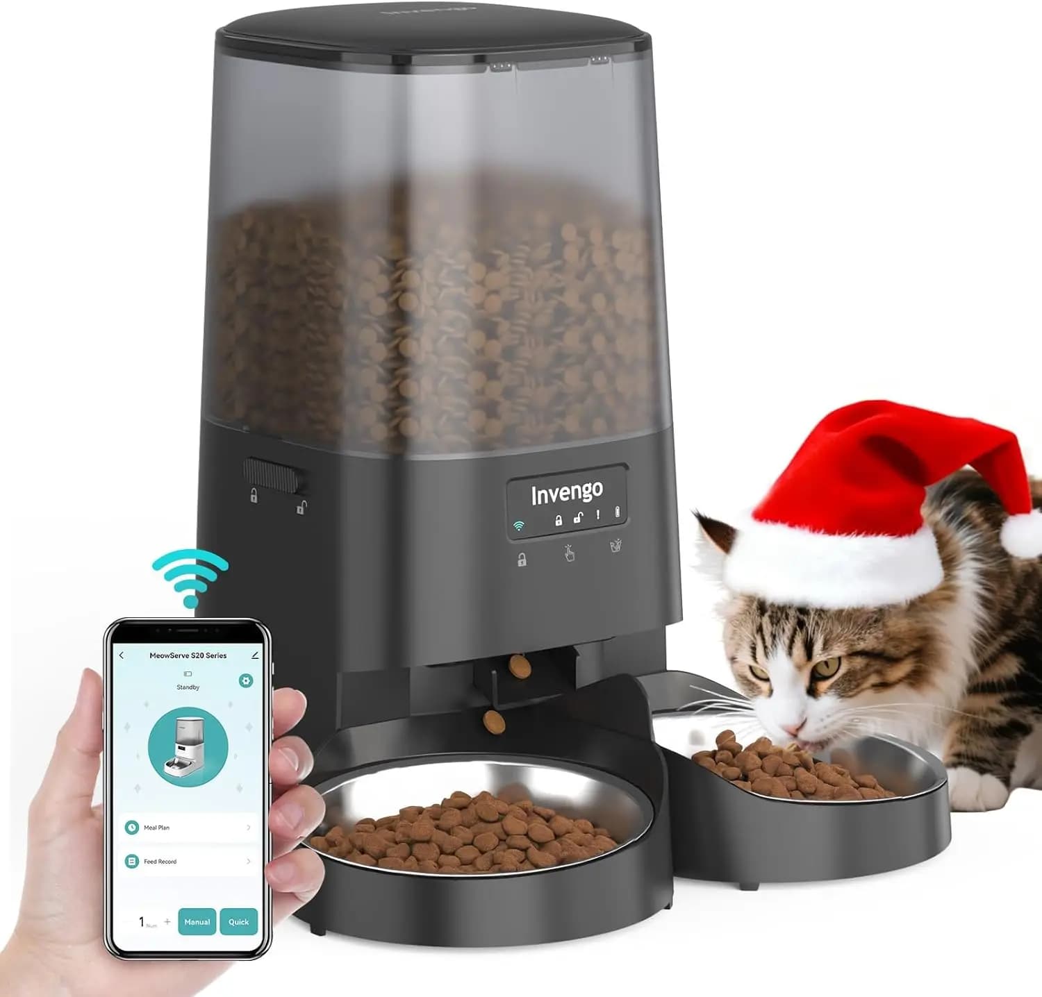 Distributore Automatico di Cibo per Gatti Smart WiFi, 5L, per 2 Gatti, Doppia Alimentazione, Porzioni Programmabili, Anti-Intasamento e Conservazione della Freschezza