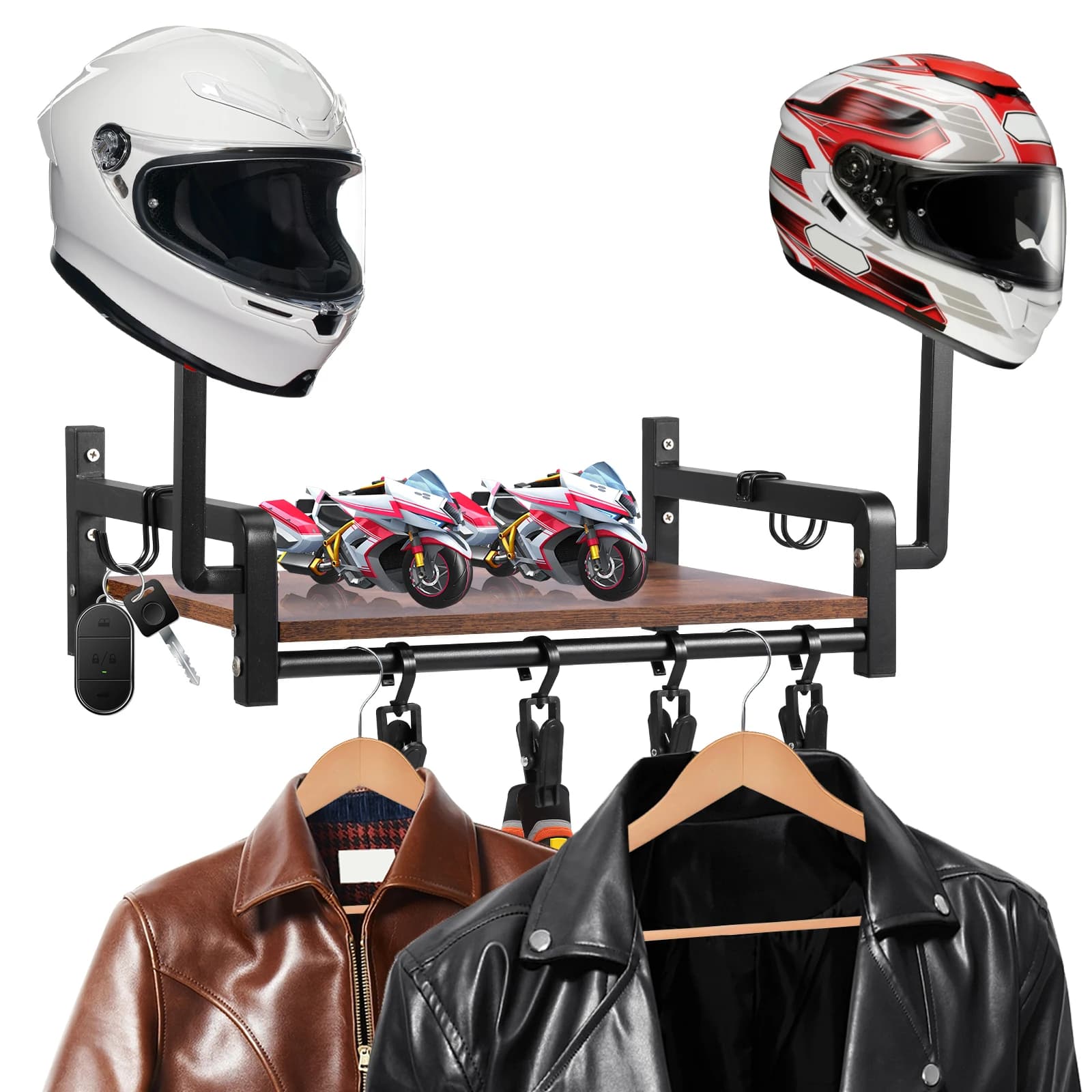 Supporto da Parete in Legno per Casco da Moto con Ganci, Porta Casco Multifunzione, Espositore per Giacche e Guanti da Moto