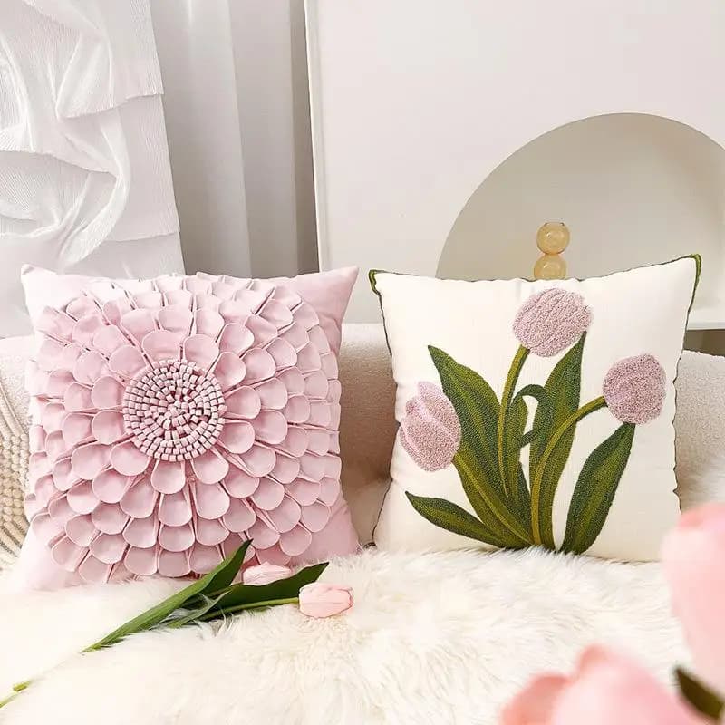 Cuscino Nordico in Cotone con Tulipani Rosa, per Divano, Finestra, Testiera del Letto, Nuovo Tessile per la Casa