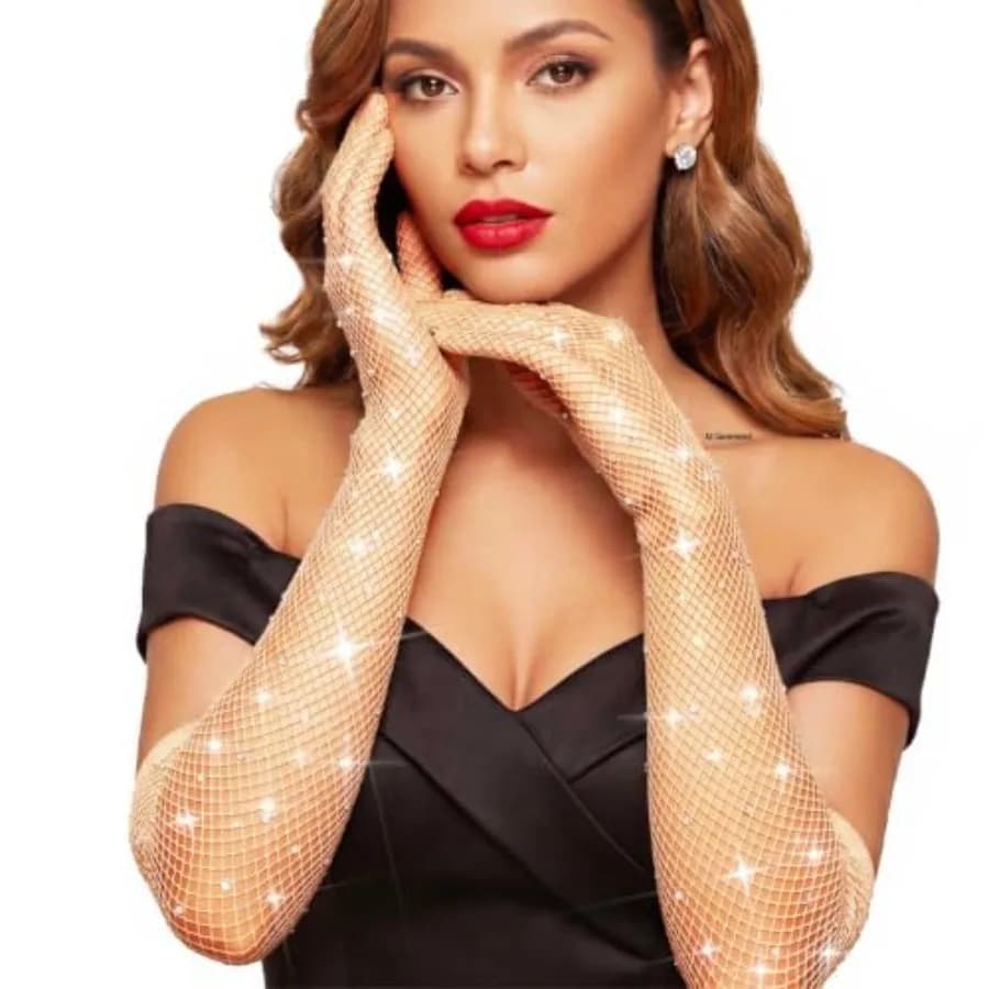 Mesh Rhinestone Long Gloves Sparkly Costume Gloves for Women