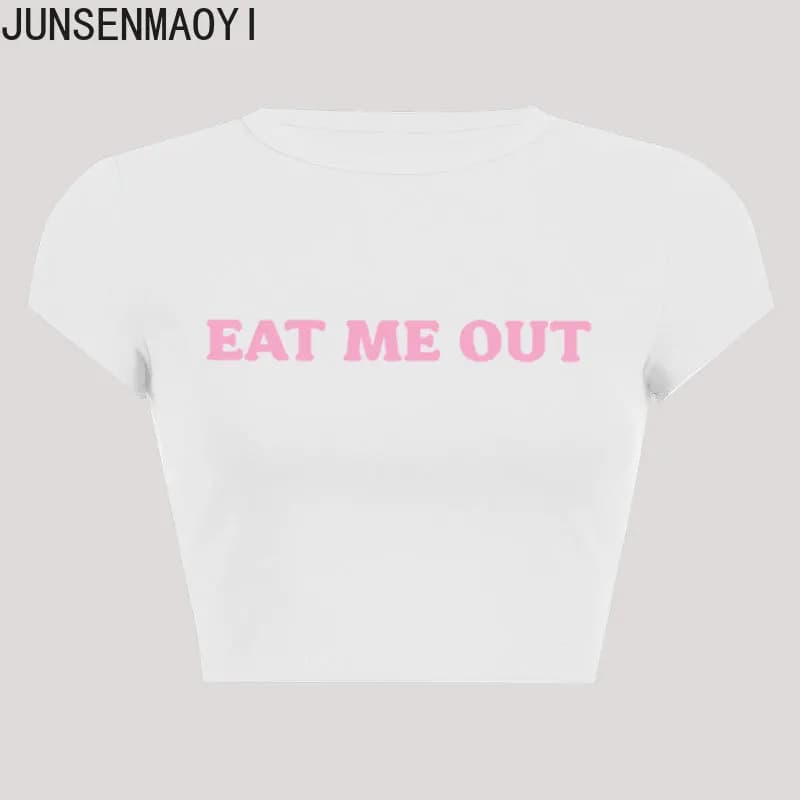 Eat Me Out Print Pattern Summer Short Sleeve O Neck Solid Color Cropped Navel Women Crop Tops Fashion T-Shirt