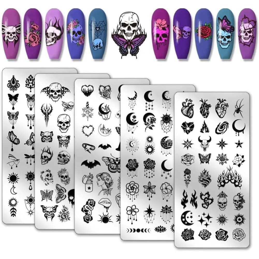 5pcs Nail Stamping Plates Gothic Styles Nails Stencils Moon Star Manicure Art Templates Butterfly Flower Print Nail Stencils