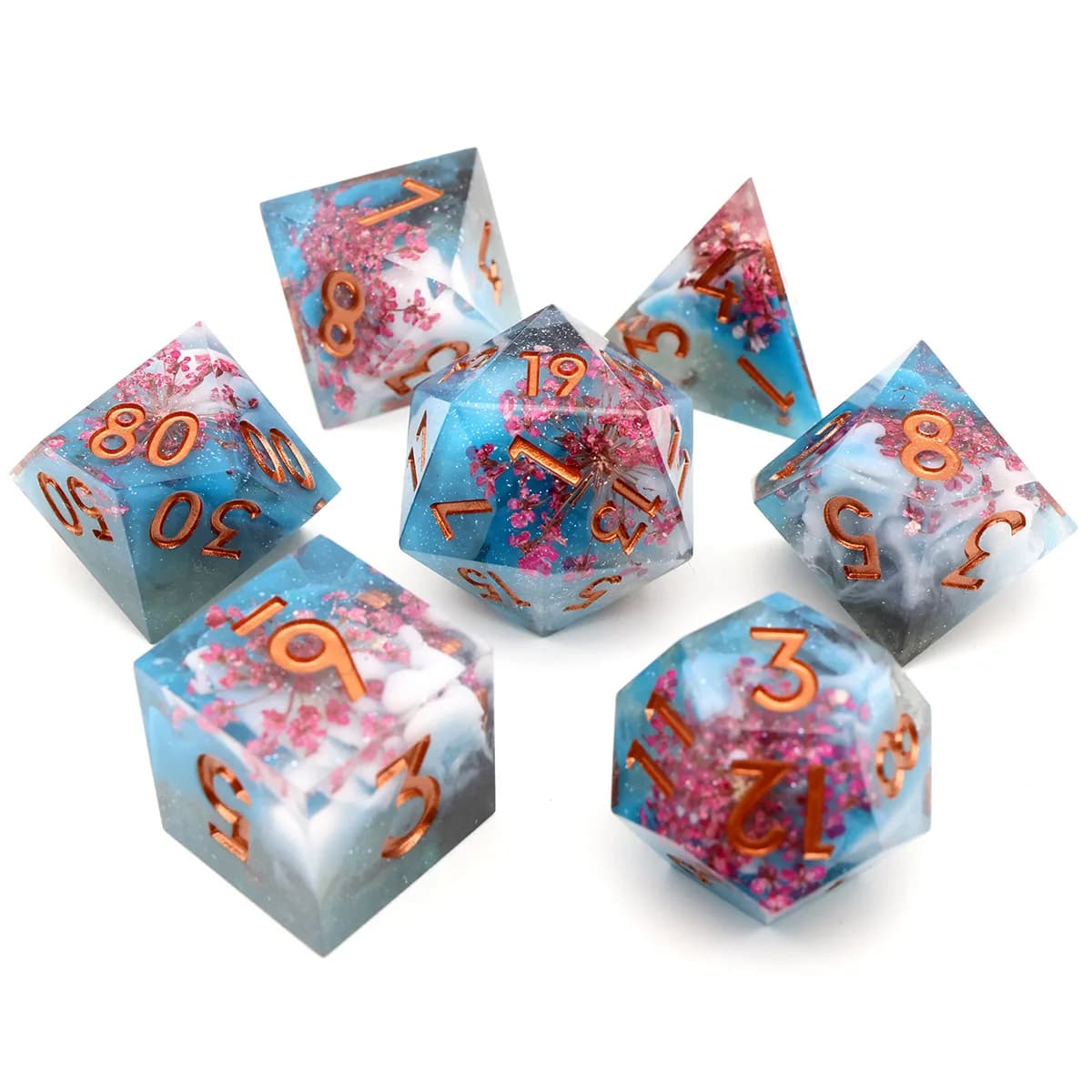 Set di dadi DND in resina Gioco da tavolo di ruolo Set da 7 pezzi Dadi RPG Dadi con bordo affilato per giochi da tavolo DND Fiore in fiore regalo