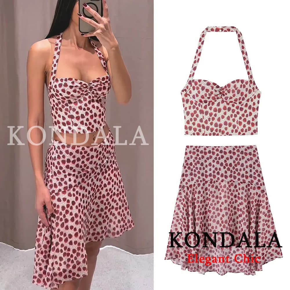 KONDALA Completo da Donna con Stampa Floreale per Vacanze al Mare, Top Halter Senza Schienale e Gonna Midi, Nuova Moda Primavera Estate 2026, Set Gonna per Appuntamenti