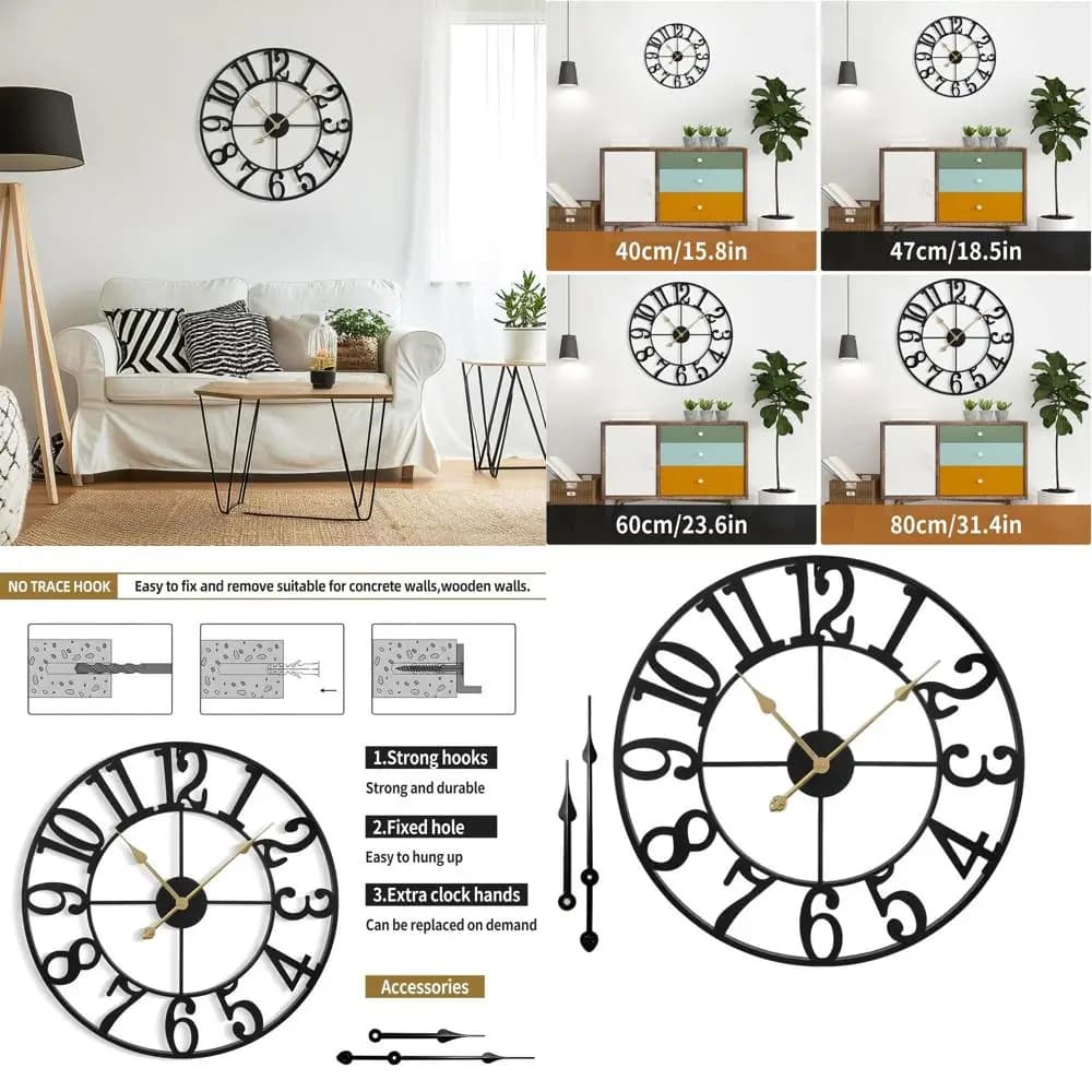 24 Inch Metal Silent Wall Clock, Vintage Style for Living, Bedroom or Office