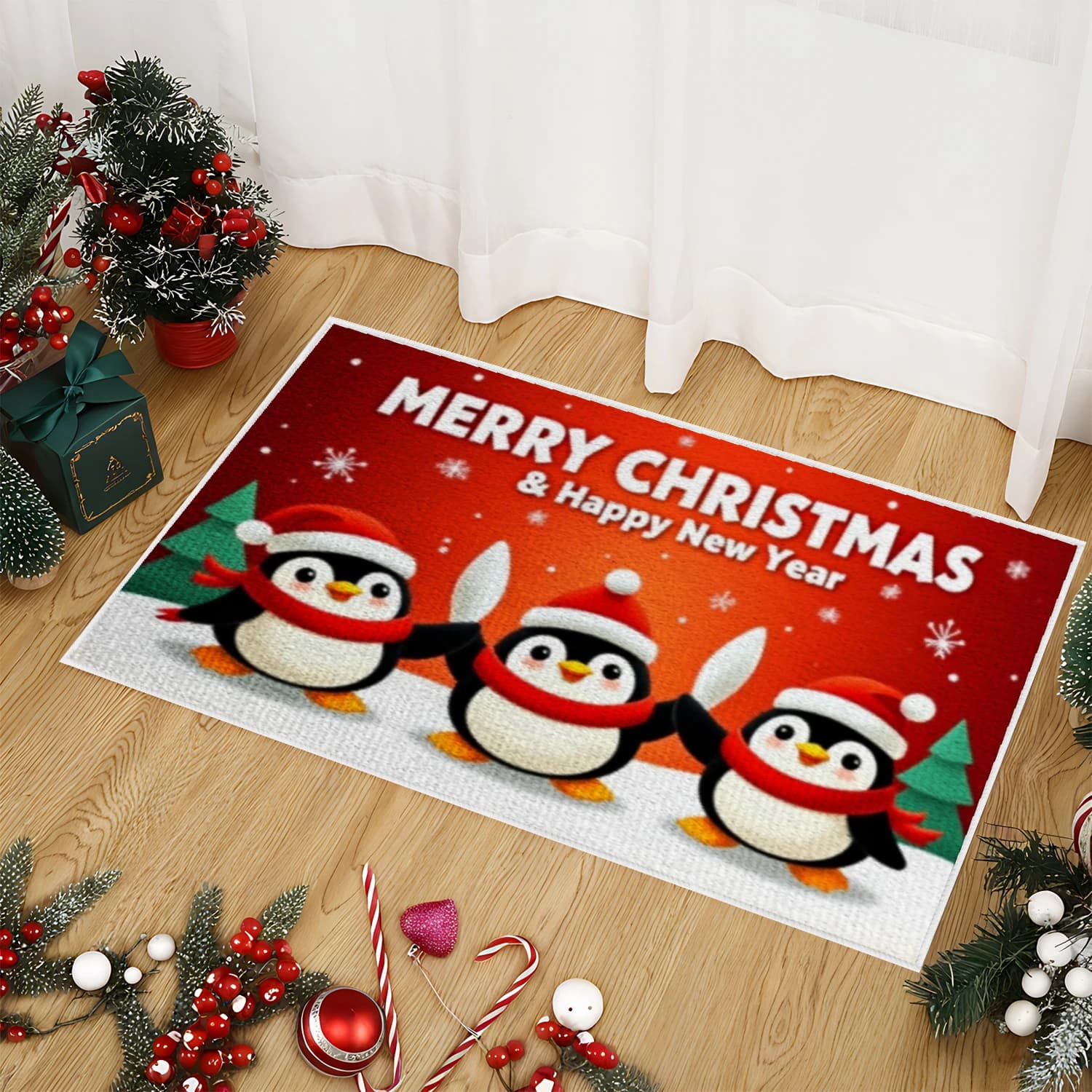 VIKAMA Zerbino natalizio, tappetino con pinguino natalizio, antiscivolo durevole e facile da pulire, decorazioni per la casa, decorazioni per le vacanze invernali