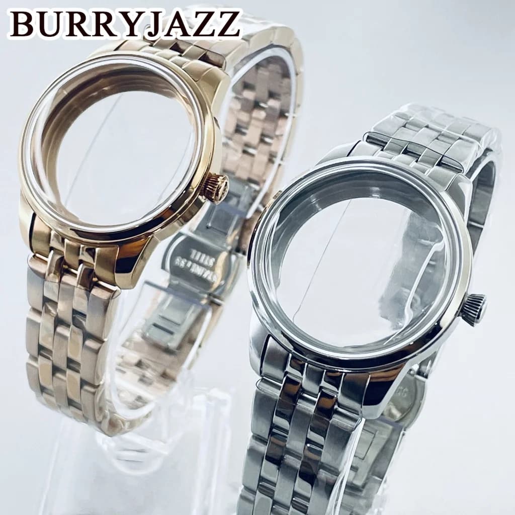 BURRYJAZZ 33mm NH35 NH36 NH34 NH38 NH70 NH72 Cassa dell'orologio Silvre Orologio in oro rosa Cocktail Custodia sterile Vetro ad arco