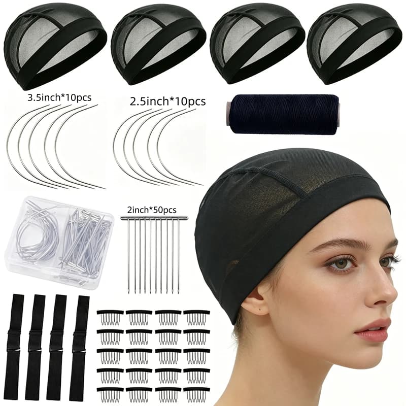 Kit per la creazione di parrucche da 95 pezzi: Cappucci a cupola in rete nera, Filo per tessitura capelli, Aghi T/C, Pettini a coda di topo, Elastici, Strumenti fai da te per donne